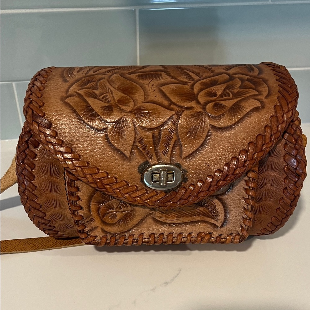 Vintage Mexican hand tooled- Brown Leather Floral Women Bag